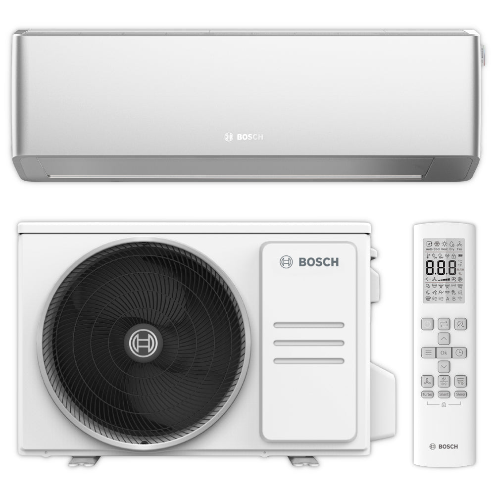 BOSCH Split Klimaanlage Set bestehend aus silbernen Wandgeraet CL7000i 26 ES und weissem Aussengeraet mit Luefter und Fernbedienung | klimaworld.com