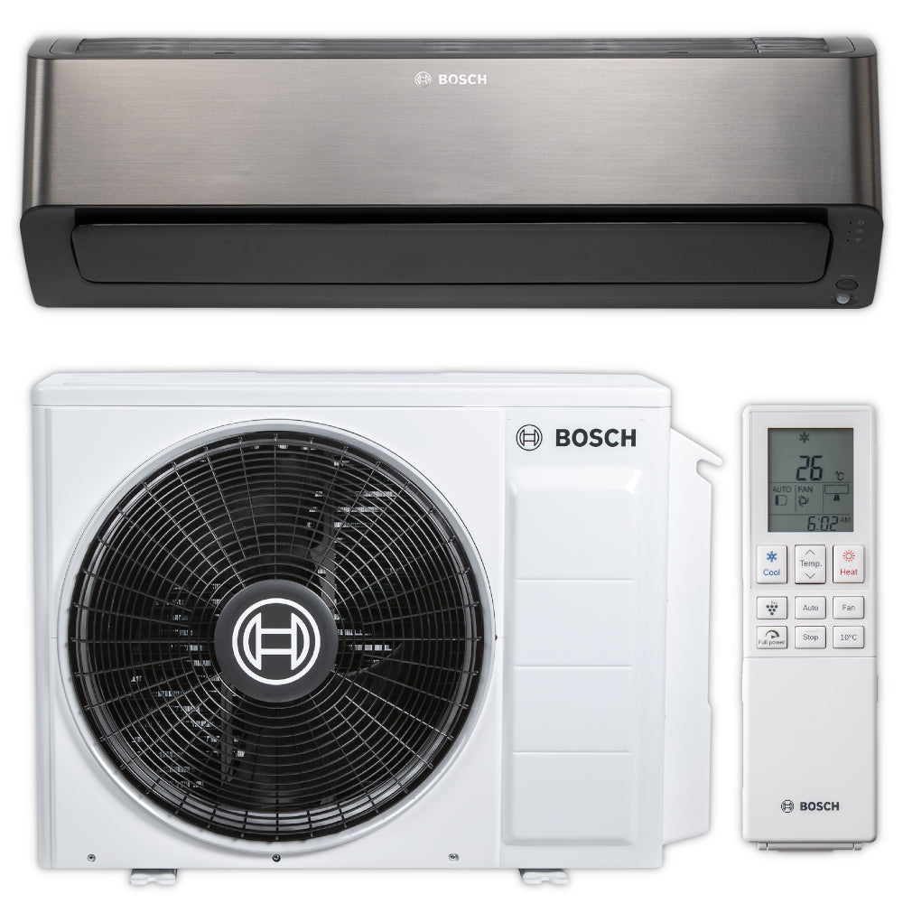 BOSCH Split-Klimaanlage CLC8001i 35 ET mit dunklem Wandgeraet, weissem Aussengeraet mit schwarzem Luefter und digitaler Fernbedienung | Klimaworld.com