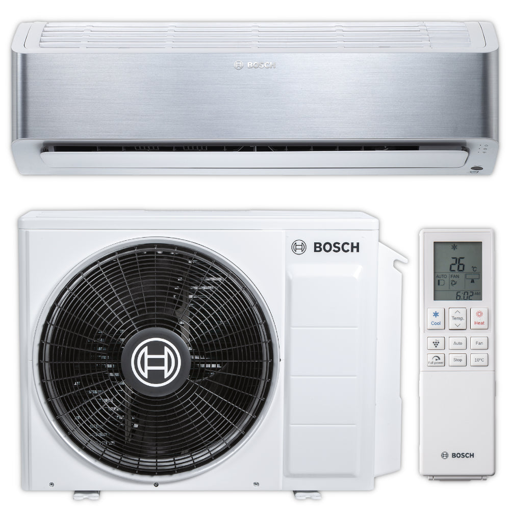 BOSCH Split-Klimaanlage CLC8001i 35 ES mit silbernem Wandgeraet, weissem Aussengeraet mit schwarzem Luefter und digitaler Fernbedienung | Klimaworld.com
