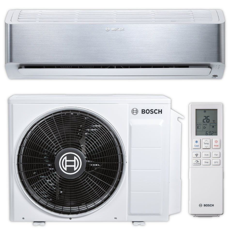BOSCH Split-Klimaanlage CLC8001i 35 ES mit silbernem Wandgeraet, weissem Aussengeraet mit schwarzem Luefter und digitaler Fernbedienung | Klimaworld.com