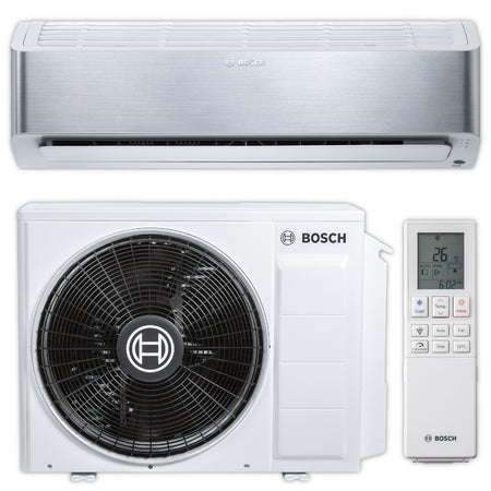 Elegante BOSCH Split-Klimaanlage CL8000i 25 ES in Silber mit weissem Aussengeraet und weisser Fernbedienung | Klimaworld.com