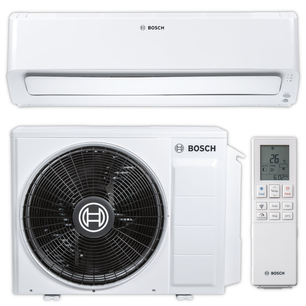 BOSCH Split-Klimaanlage CLC8001i 25 E mit weissem Wandgeraet, weissem Aussengeraet mit schwarzem Luefter und digitaler Fernbedienung | Klimaworld.com