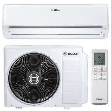 BOSCH Split-Klimaanlage CLC8001i 35 E mit weissem Wandgeraet, weissem Aussengeraet mit schwarzem Luefter und digitaler Fernbedienung | Klimaworld.com