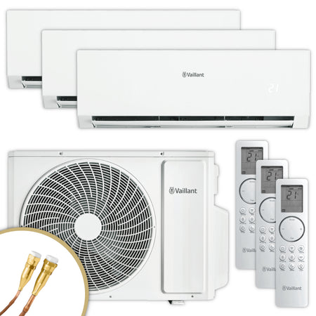 Vaillant climaVAIR plus Klimaanlagen Set mit drei Wandgeraeten, Aussengeraet, drei Fernbedienungen und Anschlusskabeln | Klimaworld.com
