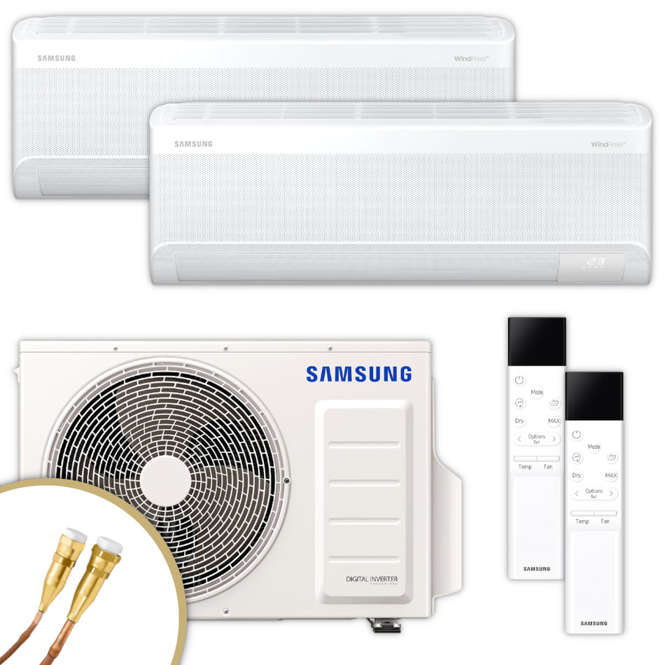 Samsung WindFree Comfort Multisplit-Set mit Aussengeraet, 2 Wandgeraeten, 2 Fernbedienungen, Quick-Connect Anschlüsse | Klimaworld.com
