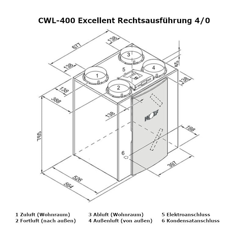 WOLF | Wohnraumlüftung | CWL-400 Excellent | Anschluss 4/0 R