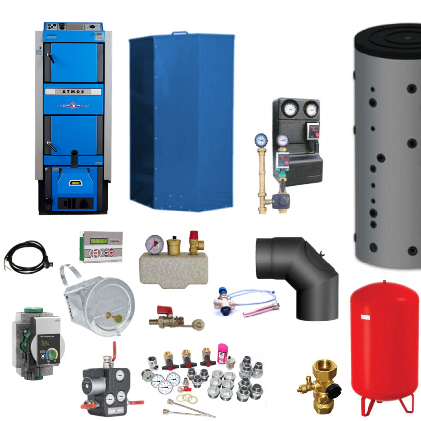 Heizsystem Set mit Pelletkessel, Pufferspeicher, Pumpengruppe, Ausdehnungsgefaess und Montagezubehoer | Klimaworld.com