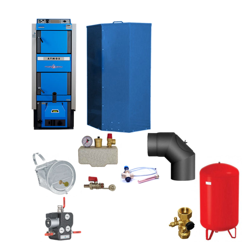 Pelletkessel Set mit Zugbegrenzer, Sicherheitsgruppe, Ruecklaufanhebung, Ausdehnungsgefaess und Ventil | Klimaworld.com