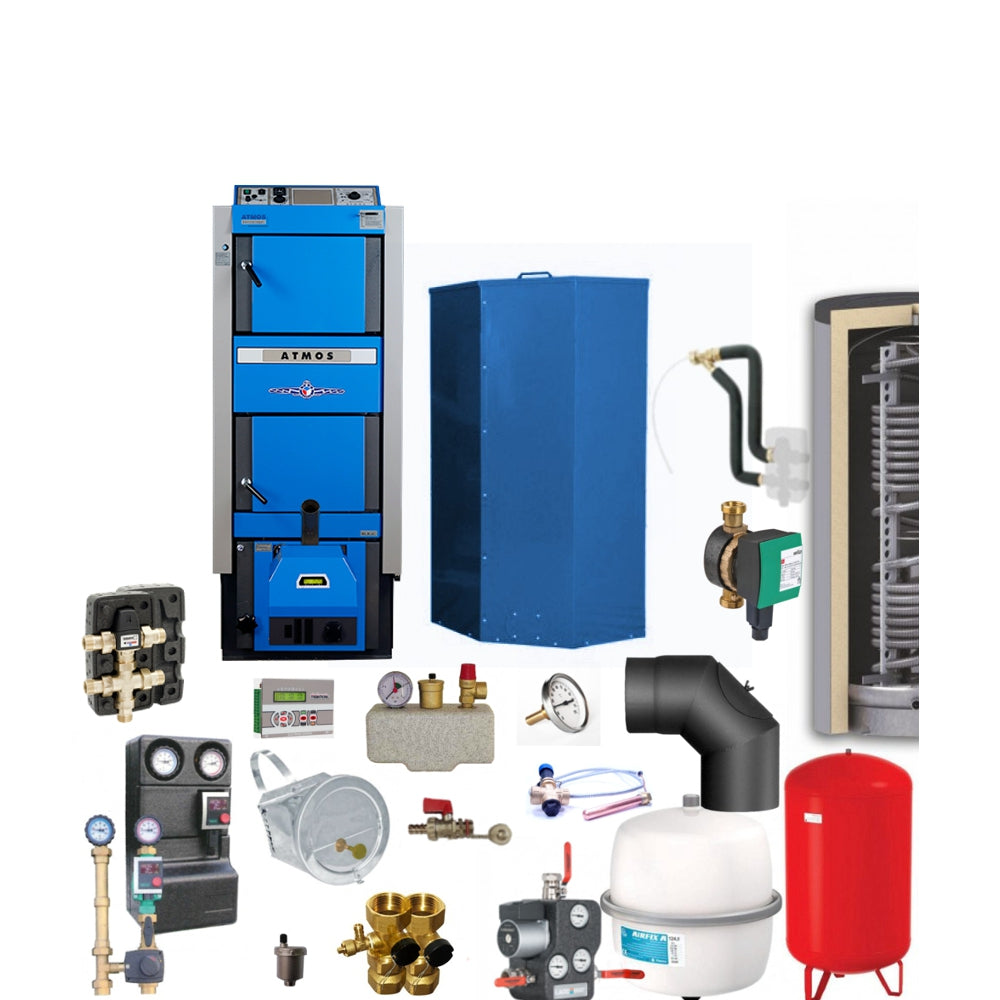 Heizsystem-Set mit Pelletkessel, Pufferspeicher, Pumpengruppe, Ventilen, Ausdehnungsgefaessen und Zubehoer | Klimaworld.com