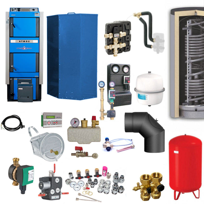 Heizsystem-Set mit Pelletkessel, Pufferspeicher, Pumpengruppe, Ventilen, Ausdehnungsgefaessen und Zubehoer | Klimaworld.com