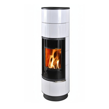 THORMA Kaminofen DELIA PLUS Keramik, runder weisser Ofen mit gebogener Glasscheibe, sichtbaren Flammen und Holzscheiten | Klimaworld.com
