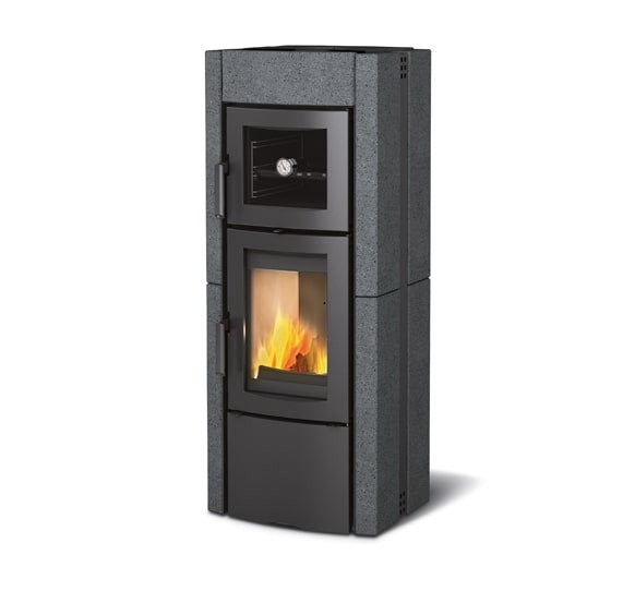 La Nordica Ester Forno Evo, grauer Kaminofen mit grosser Sichtscheibe und oberem Backfach mit Thermometer | Klimaworld.com