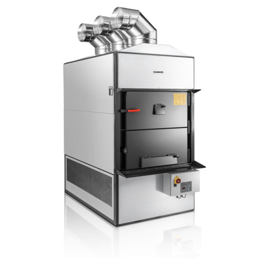 Silber-graue Warmluft Holzheizung FABBRI F240 CV mit 3 Anschluessen | klimaworld.com
