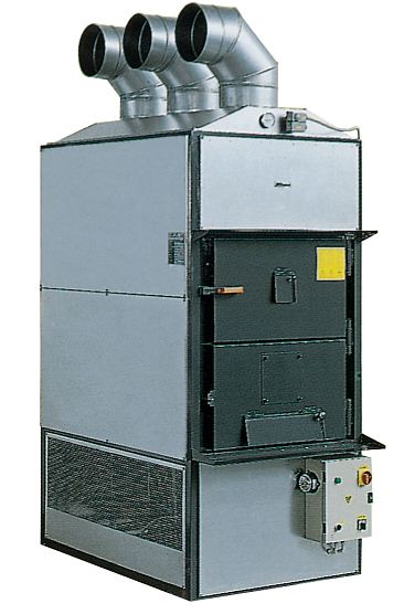 Silber-graue Warmluft Holzheizung FABBRI F120 CV mit 2 Anschluessen | klimaworld.com