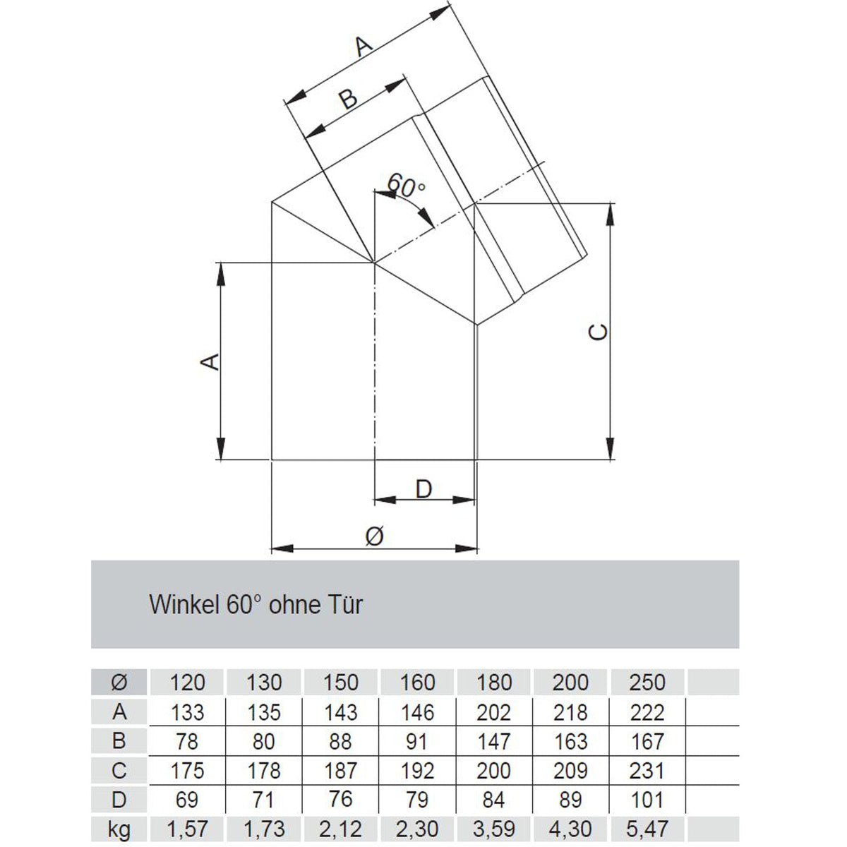Rauchrohrbogen, Winkel 60° FERRO Durchmesser 120 mm ohne Tür