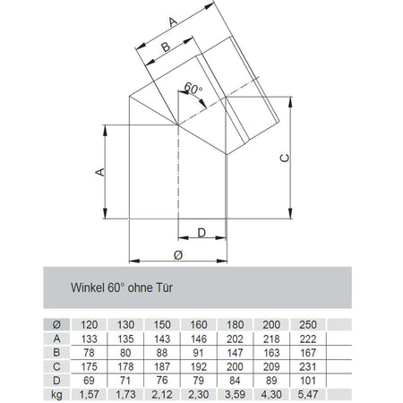 Rauchrohrbogen, Winkel 60° FERRO Durchmesser 120 mm ohne Tür