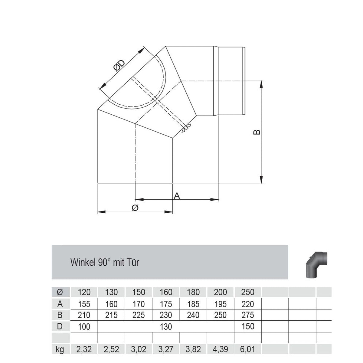 Rauchrohrbogen, Winkel 90° FERRO Durchmesser 180 mm mit Tür