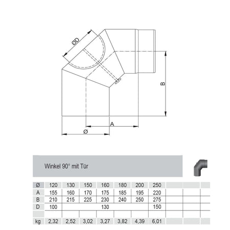 Rauchrohrbogen, Winkel 90° FERRO Durchmesser 180 mm mit Tür