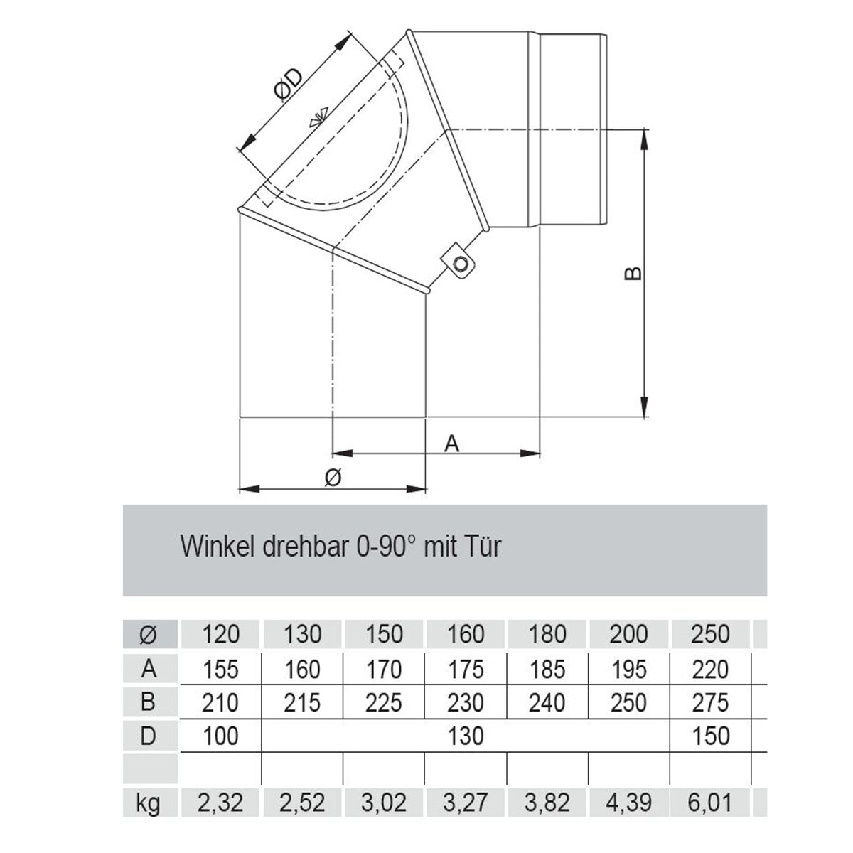 Rauchrohrbogen, Winkel drehbar 0-90° FERRO Durchmesser 150 mm mit Tür