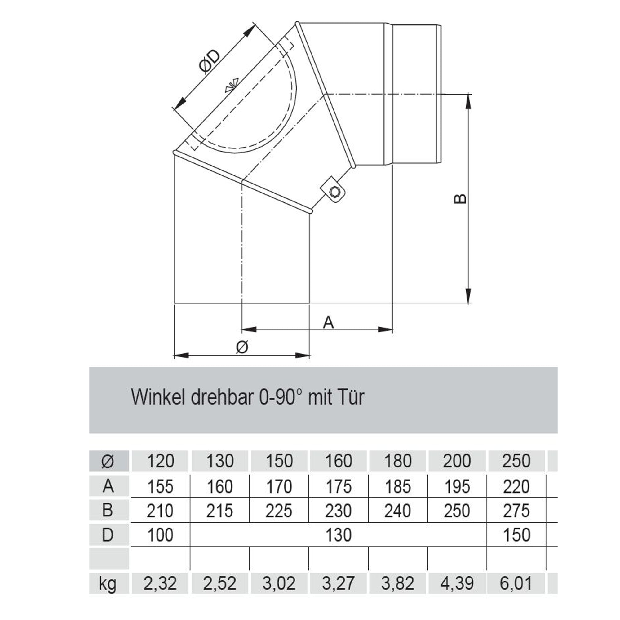 Rauchrohrbogen, Winkel 15° FERRO Durchmesser 120 mm ohne Tür