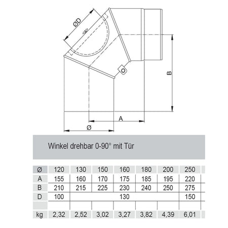 Rauchrohrbogen, Winkel drehbar 0-90° FERRO Durchmesser 120 mm mit Tür