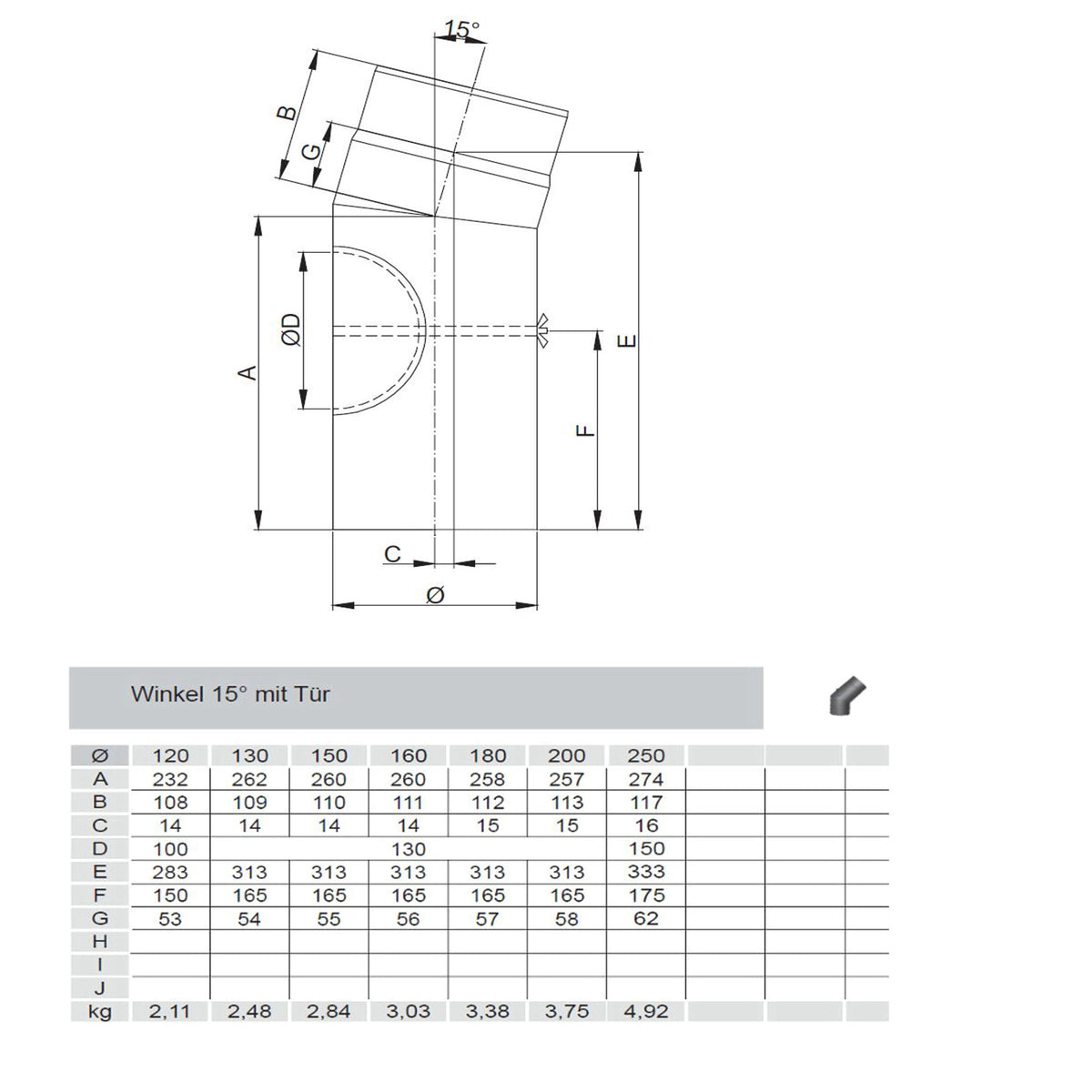 Rauchrohrbogen, Winkel 15° FERRO Durchmesser 120 mm mit Tür