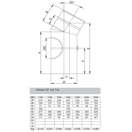 Rauchrohrbogen, Winkel 30° FERRO Durchmesser 180 mm mit Tür