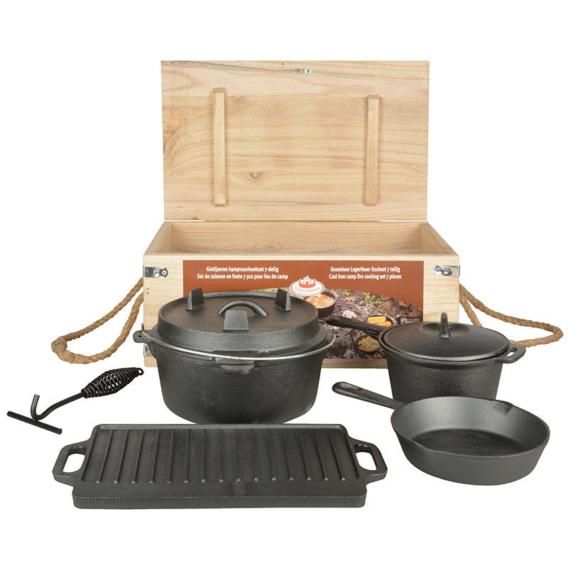 Outdoor Koch-Set Gusseisen Dutch Oven Grillplatte Pfanne Topf 7-teilig FF240