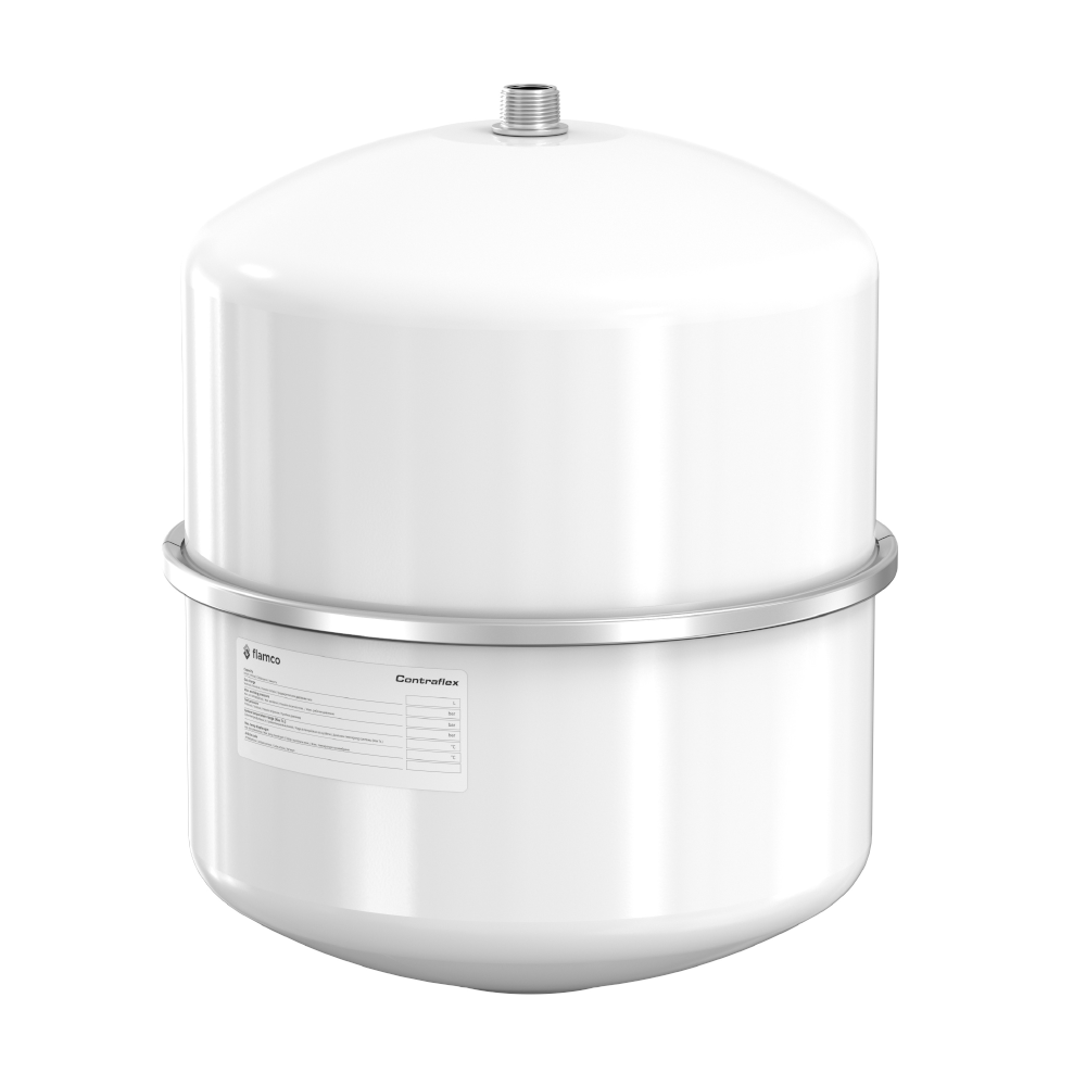 Weisser runder Flamco Ausdehnungsbehaelter Contraflex MAG 25/1,5 mit Anschluss mittig oben | Klimaworld.com