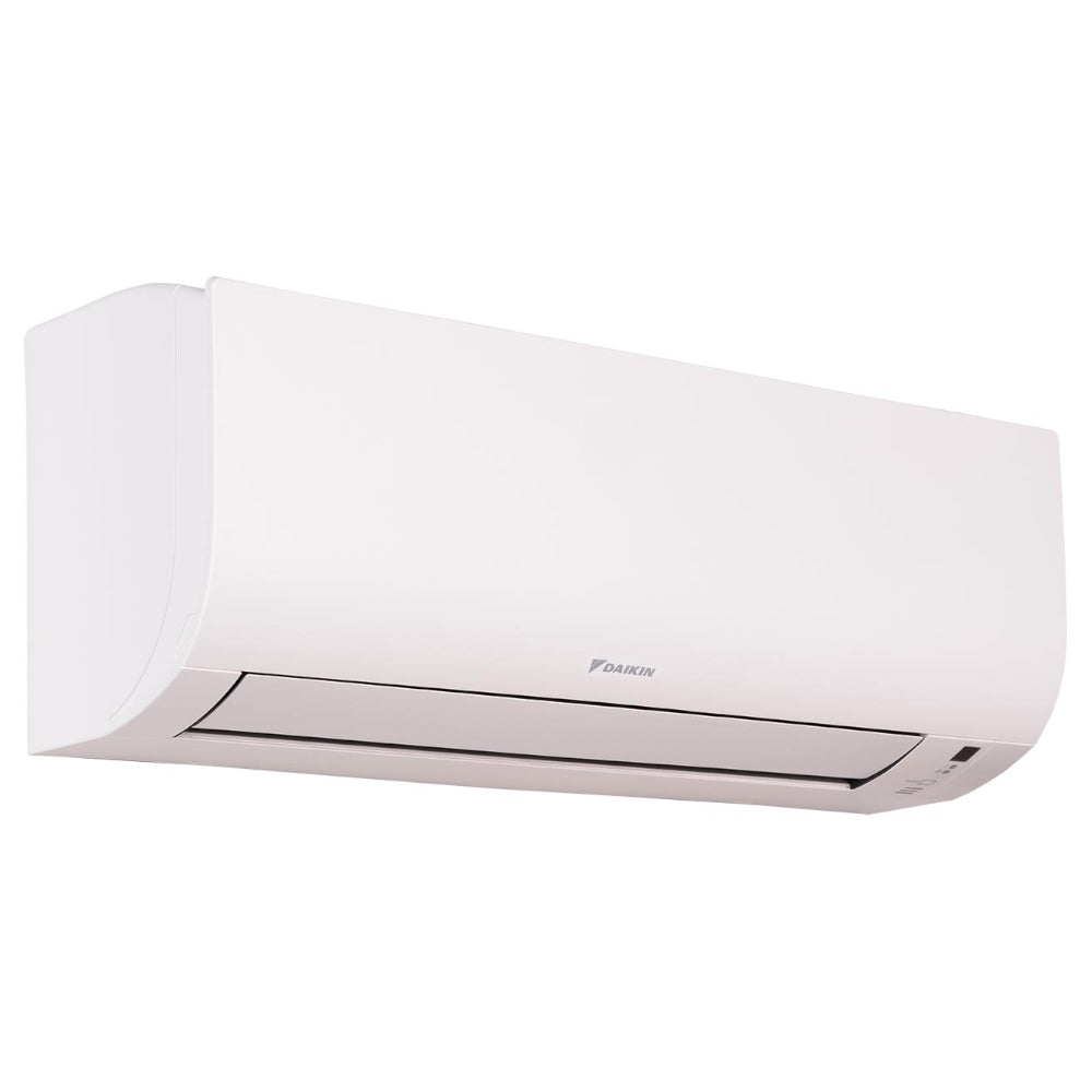 Daikin Comfora weisses, wandhaengendes Klimageraet mit glatter Front, Luftauslass unten, Display rechts, seitlich dargestellt | Klimaworld.com