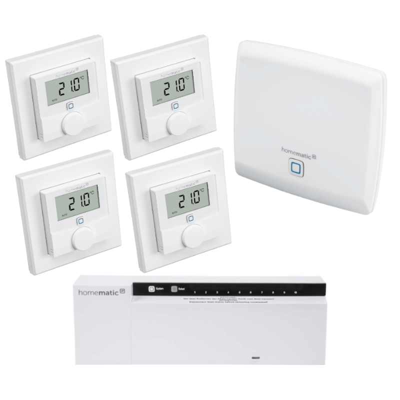 Homematic IP Fußbodenheizungssteuerung Set mit Access Point, Fußbodenheizungsaktor 10-fach, 4 x Wandthermostat, | eQ-3 | HmIP-EK-3 ➔ www.klimaworld.com