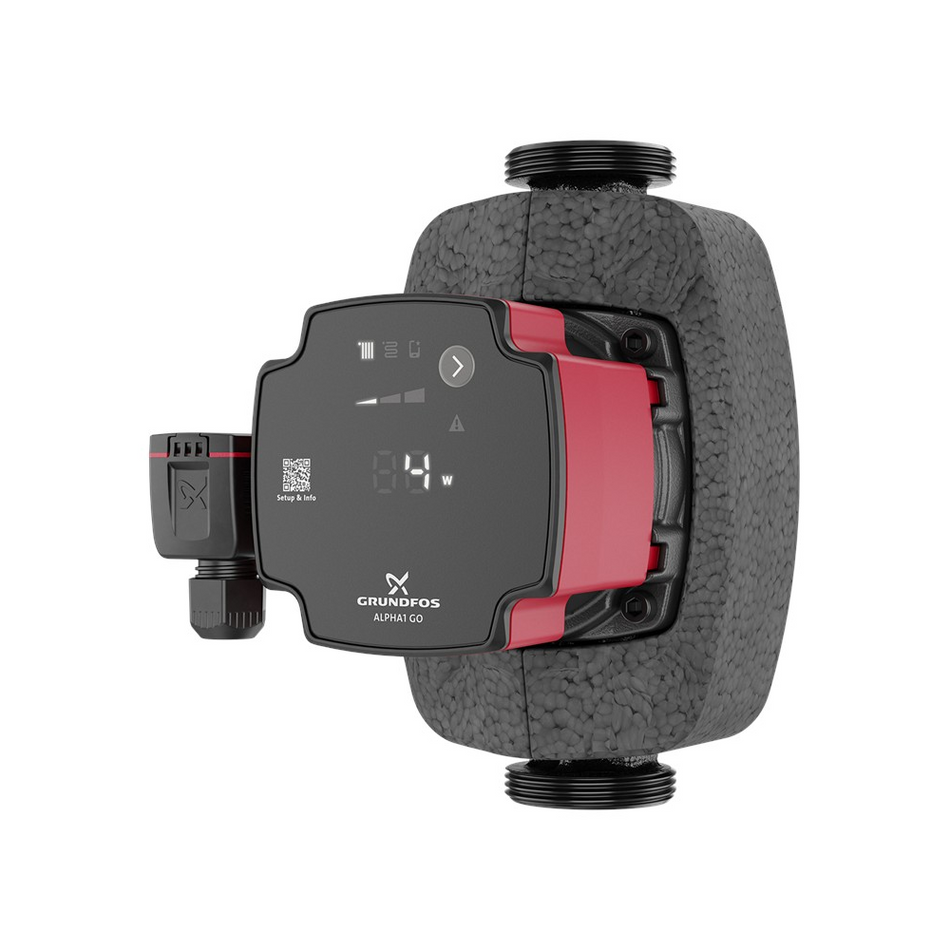 GRUNDFOS schwarze Hocheffizienz Umwaelzpumpe ALPHA1 GO 25-60, mit Display Beispiel 4 W in seitlicher Ansicht | klimaworld.com