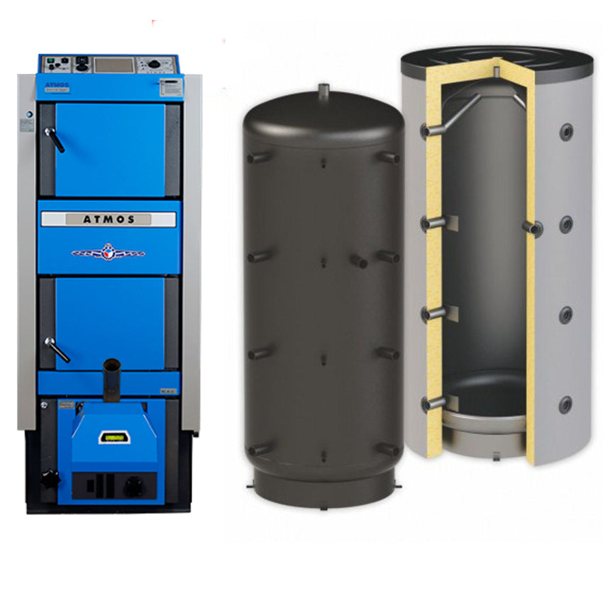 Blauer Atmos DC25GSP Kombikessel inkl. Brenner und Pufferspeicher in zylindrischer Form mit Anschluessen und Querschnittbeispiel | klimaworld.com