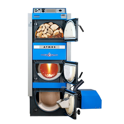 Blauer Atmos DC30GSP Kombikessel mit geoeffneten Tueren | klimaworld.com