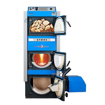 Blauer Atmos DC30GSP Kombikessel mit geoeffneten Tueren | klimaworld.com