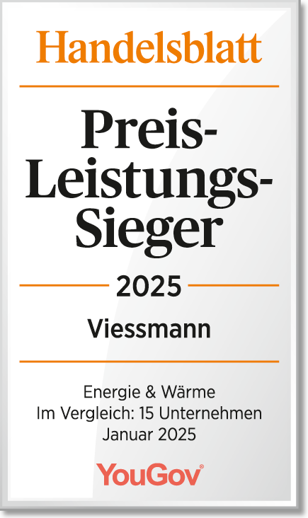 Handelsblatt Siegel 2025 mit Aufschrift Preis-Leistungs-Sieger Viessmann in weissem Rahmen; für Viessmann Vitocal 250-A Luft-Wasser-Wärmepumpe | Klimaworld.com