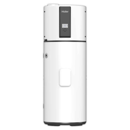 Haier Brauchwasserwaermepumpe M7C in weissem Standgeraet-Design mit Display auf grauem Untergrund | Klimaworld.com