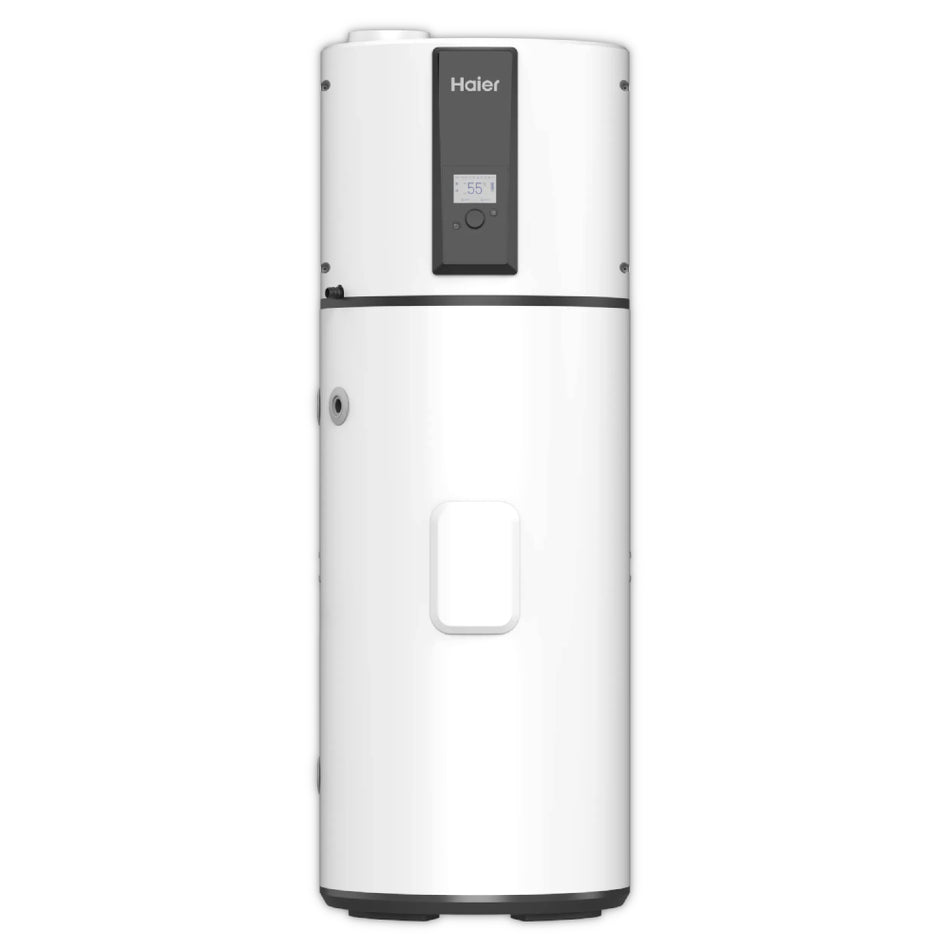 Haier Brauchwasserwaermepumpe M7C in weissem Standgeraet-Design mit Display auf grauem Untergrund | Klimaworld.com
