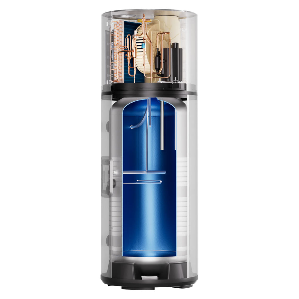 Queerschnittbild: Haier Brauchwasserwaermepumpe HP250M7-F9 als transparenter Schnitt mit blauem Speicher und Kupferrohren | Klimaworld.com