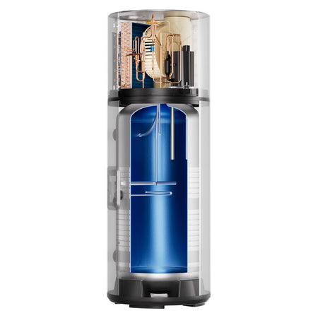 Queerschnittbild: Haier Brauchwasserwaermepumpe HP250M7-F9 als transparenter Schnitt mit blauem Speicher und Kupferrohren | Klimaworld.com