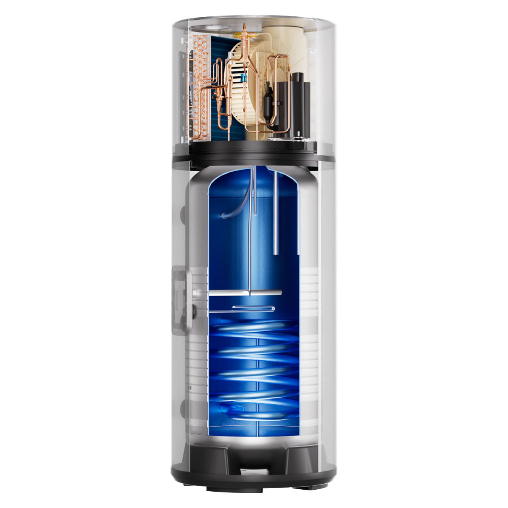 Queerschnittbild: Haier Brauchwasserwaermepumpe HP250M7C-F9 als transparenter Schnitt mit blauem Speicher und Kupferrohren | Klimaworld.com