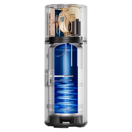 Queerschnittbild: Haier Brauchwasserwaermepumpe HP200M7C-F9 als transparenter Schnitt mit blauem Speicher und Kupferrohren | Klimaworld.com
