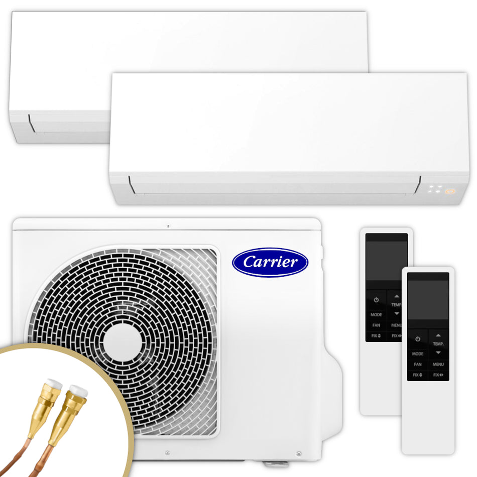 Carrier Multisplit Klimaanlage Set bestehend aus weissen Innengeraeten, weissem Aussengeraet und Fernbedienungen | Klimaworld.com