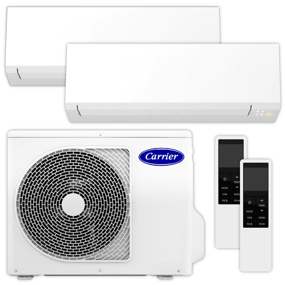 Carrier Multisplit Klimaanlage Set bestehend aus weissen Innengeraeten, weissem Aussengeraet und Weiss-Schwarzen Fernbedienungen | Klimaworld.com