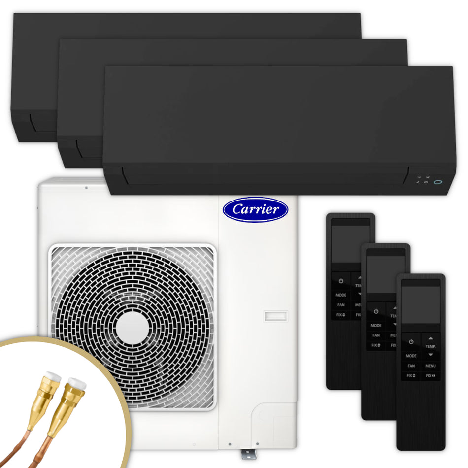 Carrier Multisplit Klimaanlage Set bestehend aus schwarzen Innengeraeten, weissem Aussengeraet und Fernbedienungen | Klimaworld.com