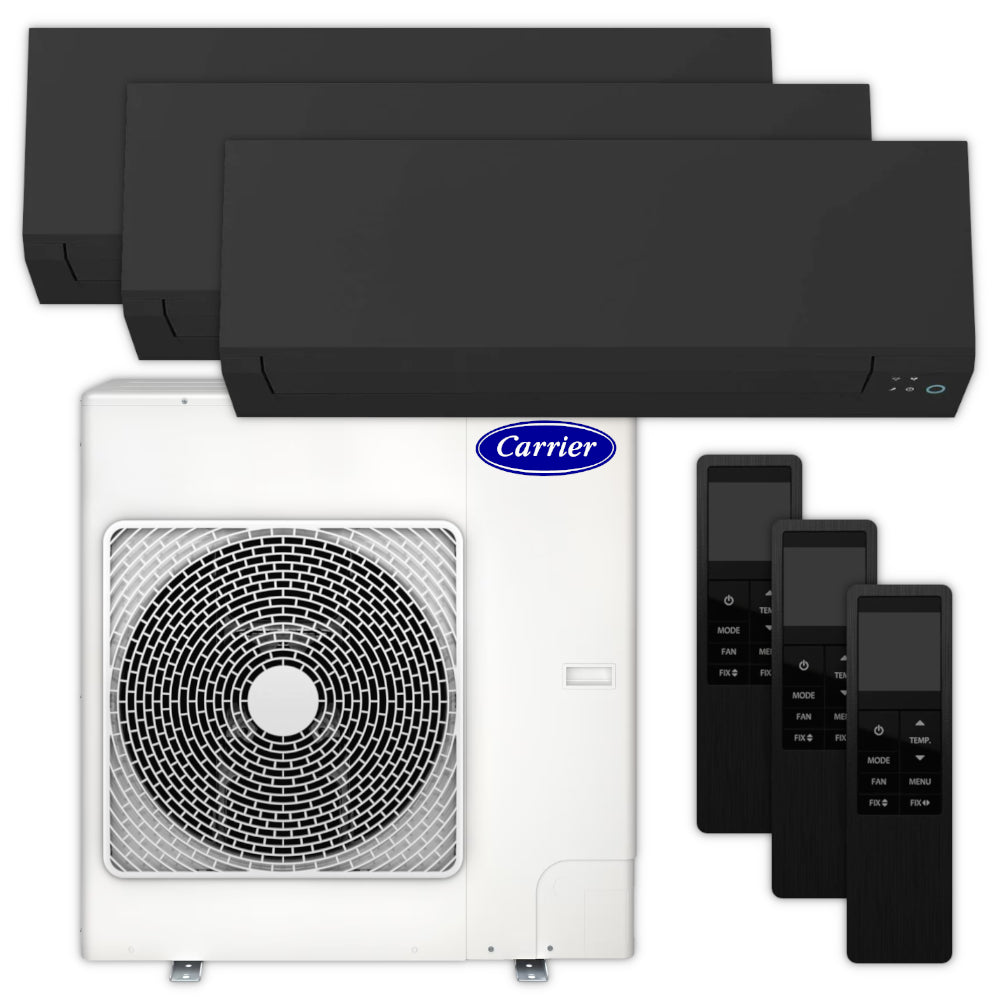 Carrier Multisplit Klimaanlage Set bestehend aus schwarzen Innengeraeten, weissem Aussengeraet und Fernbedienungen | Klimaworld.com
