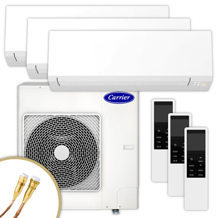 Carrier Multisplit Klimaanlage Set bestehend aus weissen Innengeraeten, weissem Aussengeraet und Fernbedienungen | Klimaworld.com