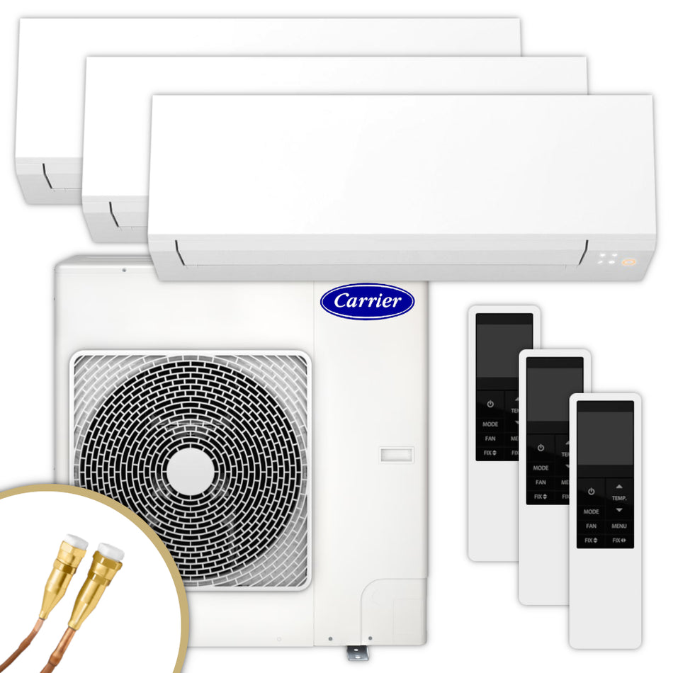 Carrier Multisplit Klimaanlage Set bestehend aus weissen Innengeraeten, weissem Aussengeraet und Fernbedienungen | Klimaworld.com