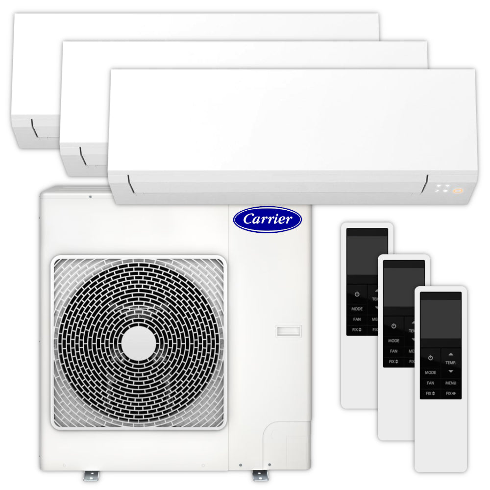 Carrier Multisplit Klimaanlage Set bestehend aus weissen Innengeraeten, weissem Aussengeraet und Fernbedienungen | Klimaworld.com