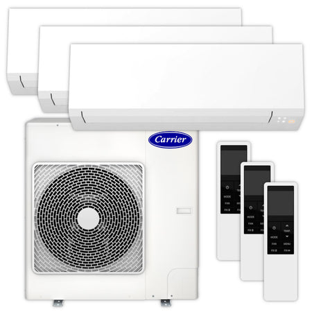 Carrier Multisplit Klimaanlage Set bestehend aus weissen Innengeraeten, weissem Aussengeraet und Fernbedienungen | Klimaworld.com